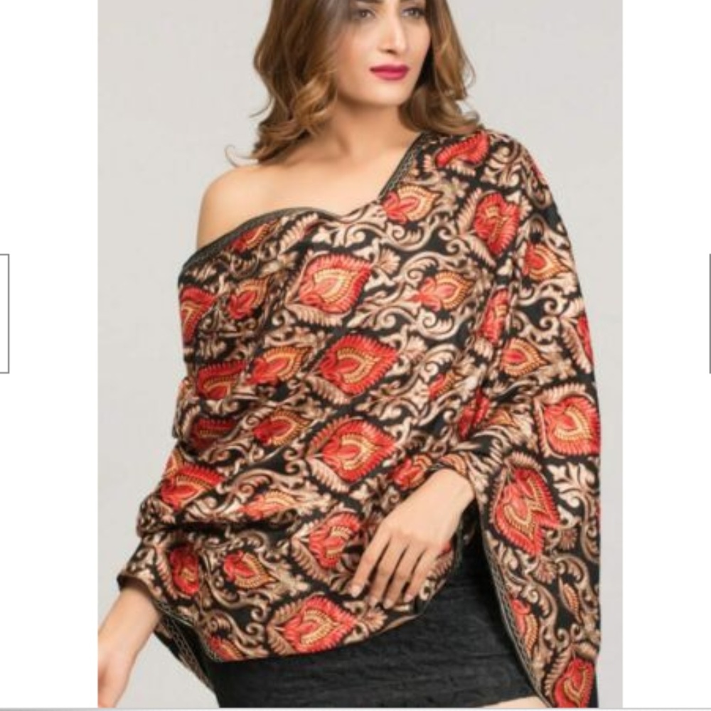 Black and Red Floral Pattern Scarf Wrap - Women Accessories